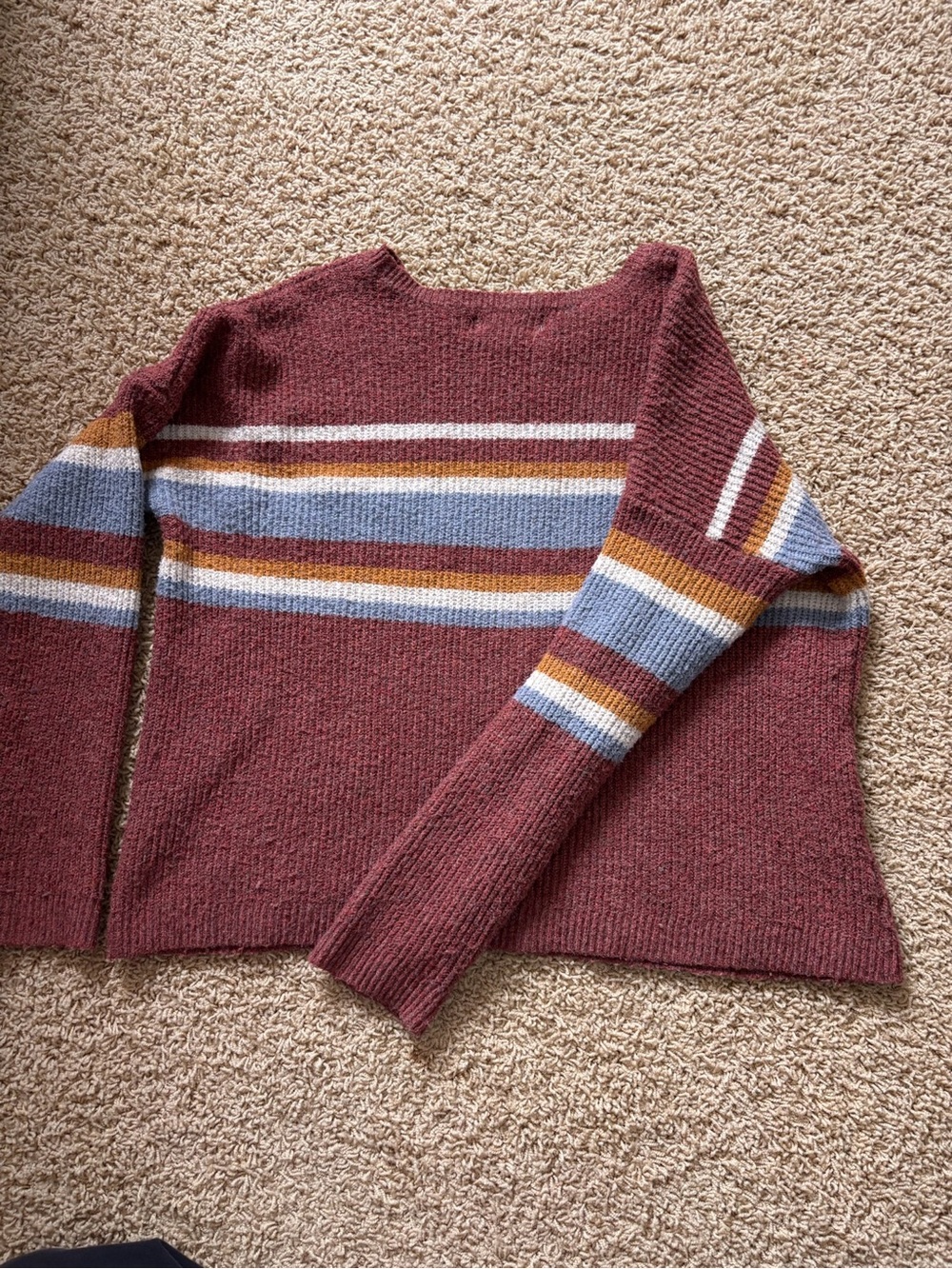 Pink Rose Maroon Crewneck Sweater with Blue, Mustard & White Stripes